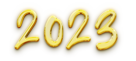 Golden volumetric 3D Text of the inscription 2023 isolated cut out png