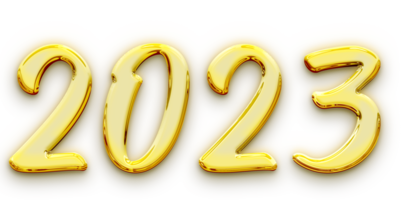 Golden volumetric 3D Text of the inscription 2023 isolated cut out png