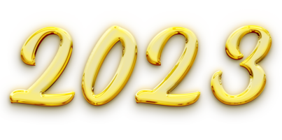 Golden volumetric 3D Text of the inscription 2023 isolated cut out png