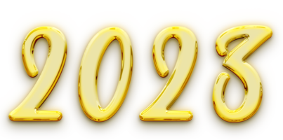 Golden volumetric 3D Text of the inscription 2023 isolated cut out png