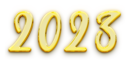 Golden volumetric 3D Text of the inscription 2023 isolated cut out png