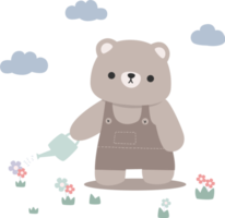 orsacchiotto orso irrigazione fiori piatto stile cartone animato illustrazione png