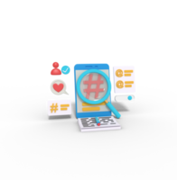 3D-Illustration auf der Suche nach Hashtags auf dem Smartphone png