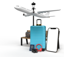 valise avec accessoires de voyage, articles de vacances essentiels. avec maquette de smartphone. modèle de maquette de bannière de conception de concept de voyage. rendu 3d