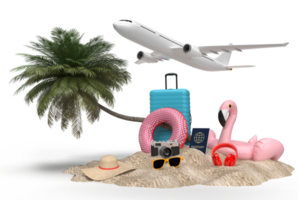 acessórios de avião e viajante, itens essenciais de férias. aventura e viagem viagem de férias. modelo de maquete de banner de design de conceito viajando. renderização em 3D