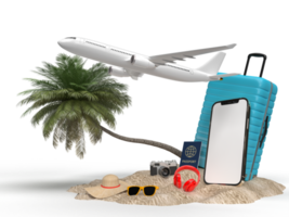 valise avec accessoires de voyage, articles de vacances essentiels. avec maquette de smartphone. modèle de maquette de bannière de conception de concept de voyage. rendu 3d