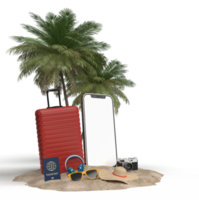 mala com acessórios de viagem, itens essenciais de férias. com maquete de smartphone. modelo de maquete de banner de design de conceito viajando. renderização em 3D png