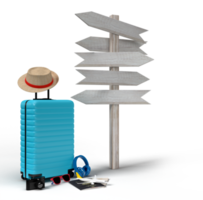mala com orientação e acessórios de viajante, itens essenciais de férias em segundo plano. aventura e viagens projeto de conceito de viagem de férias de verão. renderização em 3D