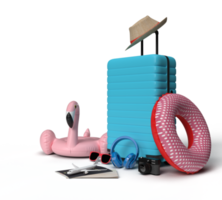 acessórios de avião e viajante, itens essenciais de férias. aventura e viagem viagem de férias. modelo de maquete de banner de design de conceito viajando. renderização em 3D