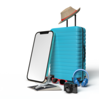 valigia con viaggiatore Accessori, essenziale vacanza Oggetti. con smartphone modello. in viaggio concetto design bandiera modello modello. 3d interpretazione