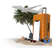 mala com acessórios de viagem, itens essenciais de férias. com maquete de smartphone. modelo de maquete de banner de design de conceito viajando. renderização em 3D png