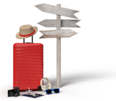 valise avec panneau et accessoires de voyage, articles de vacances essentiels en arrière-plan. aventure et voyage conception de concept de voyage de vacances d'été. rendu 3d png