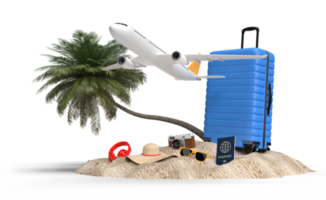 valise avec accessoires d'avion et de voyageur, articles de vacances essentiels. voyage d'aventure et de vacances. modèle de maquette de bannière de conception de concept de voyage. rendu 3d png