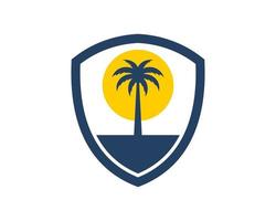 Simple shield with palm tree and sunset behind vector
