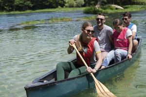 Group adventurous explorer friends are canoeing in a wild river photo