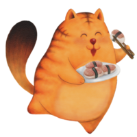 lindo gato con rayas de tigre comiendo sushi en ilustración de estilo acuarela png