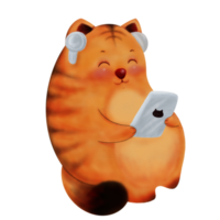 chat mignon avec des rayures de tigre jouant sur un smartphone en illustration de style aquarelle png