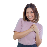 Romantic asian woman, holding hands on heart, smiling with care and tenderness. png