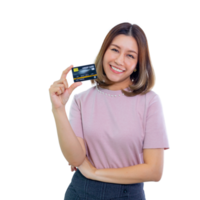 Beautiful Asian woman smiling, showing, presenting credit card for making payment or paying online business png