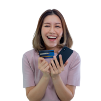 Asian woman holding credit card and looking at smartphone app, buying, order delivery with Online shopping concept. png