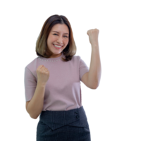 Enthusiastic asian woman rejoicing, looking happy and celebrating victory png