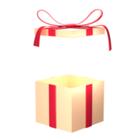 Yellow gift box open with ribbon. 3d render modern holiday surprise box. png