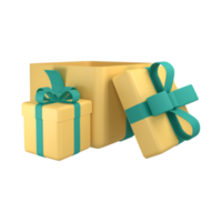 Yellow gift boxes open and closed with ribbon. 3d render modern holiday surprise box. png