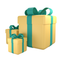 Yellow gift boxes closed with ribbon. 3d render modern holiday surprise box. png