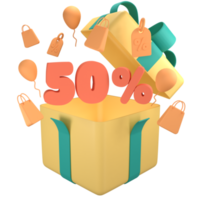 Open gift box with orange 50 percent off discount promotion sale. 3D 5 number with shopping bag, price tag, fly balloon png