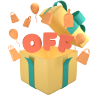 Open geschenk doos met oranje uit tekst. 3d renderen met boodschappen doen tas, prijs label, vlieg ballon png