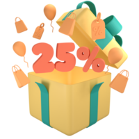Open geschenk doos met oranje 25 procent uit korting Promotie uitverkoop. 3d 5 aantal met boodschappen doen tas, prijs label, vlieg ballon png