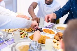 modern multiethnic muslim family sharing a bowl of dates photo