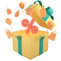 caja de regalo abierta con símbolo de porcentaje naranja. Representación 3d con bolsa de compras, etiqueta de precio, globo volador png