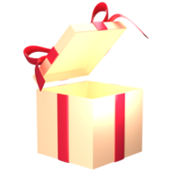 Yellow gift box open with ribbon. 3d render modern holiday surprise box. png