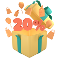 boîte-cadeau ouverte avec orange 20 % de réduction sur la vente promotionnelle. Numéro 3d 5 avec sac à provisions, étiquette de prix, ballon volant png