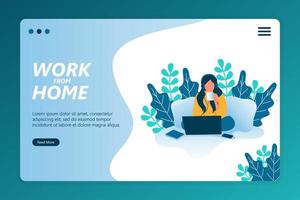 Flat illustration work from home on landing page template vector