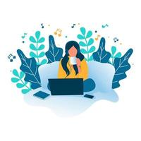 Love Music. A Woman illustration listening to music from laptop while drinking coffee. Quarantine, stay at home concept series - people sitting at their home, room or apartment. vector