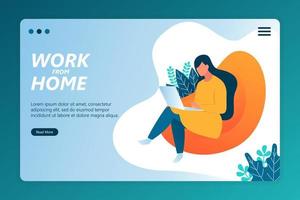 Flat illustration work from home on landing page template vector