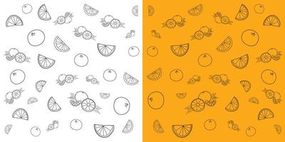 arte de línea vectorial de fruta naranja tropical fresca o patrón de garabato de clementina. garabato de color negro sobre fondo naranja y blanco. vector