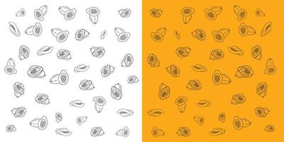 Full and sliced segment of papaya vector doodle pattern on white and orange background.