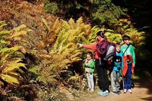 Mother with four kids in mountains forest near the fern. Family travel and hiking with childrens. photo