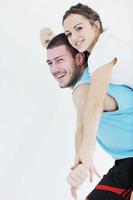 happy young couple fitness workout and fun photo