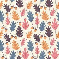 Seamless autumnal pattern of acorns and oak leaves on a beige background in warm palette. For textile, wrapper, background. vector
