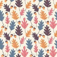 Seamless autumnal pattern of acorns and oak leaves on a beige background in warm palette. For textile, wrapper, background. vector