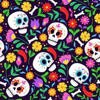 patrón sin costuras para el día de las vacaciones muertas. fondo con calavera y adorno floral. ilustración vectorial para tela, papel de envolver, textil, papel pintado y prendas de vestir. vector