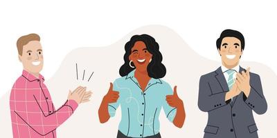 Smiling People Clapping hands thanking or showing appreciation at Event. Multicultural People Applaud celebrate good deal. Acknowledgement and gratitude. Flat vector illustration.