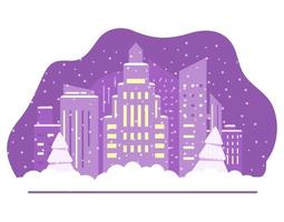 Night winter city skyline with skyscrapers. Winter time falling snow. Downtown area with fir trees.Vector flat illustration.Isolated on white background. vector