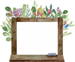 Watercolor white school blackboard in wooden frame with flowers and grass vector