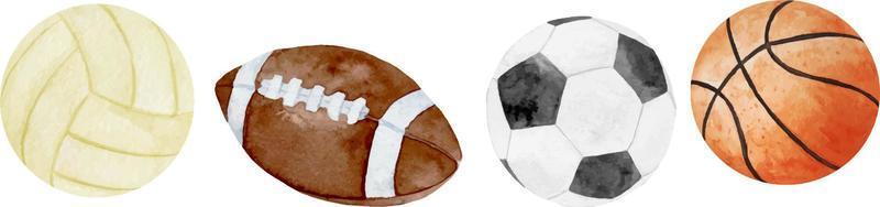 ilustración acuarela de balones deportivos de fútbol, fútbol, baloncesto y béisbol aislados en fondo blanco vector