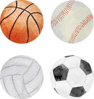acuarela, ilustración, de, deporte, pelotas, conjunto, como, fútbol, fútbol, baloncesto, y, béisbol, aislado, blanco, plano de fondo vector
